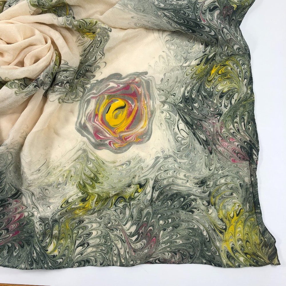 Marble Swirl Silk Scarf Hand Marbled Square Ivory Black Gray Hand Rolled Hem - Picture 2 of 7